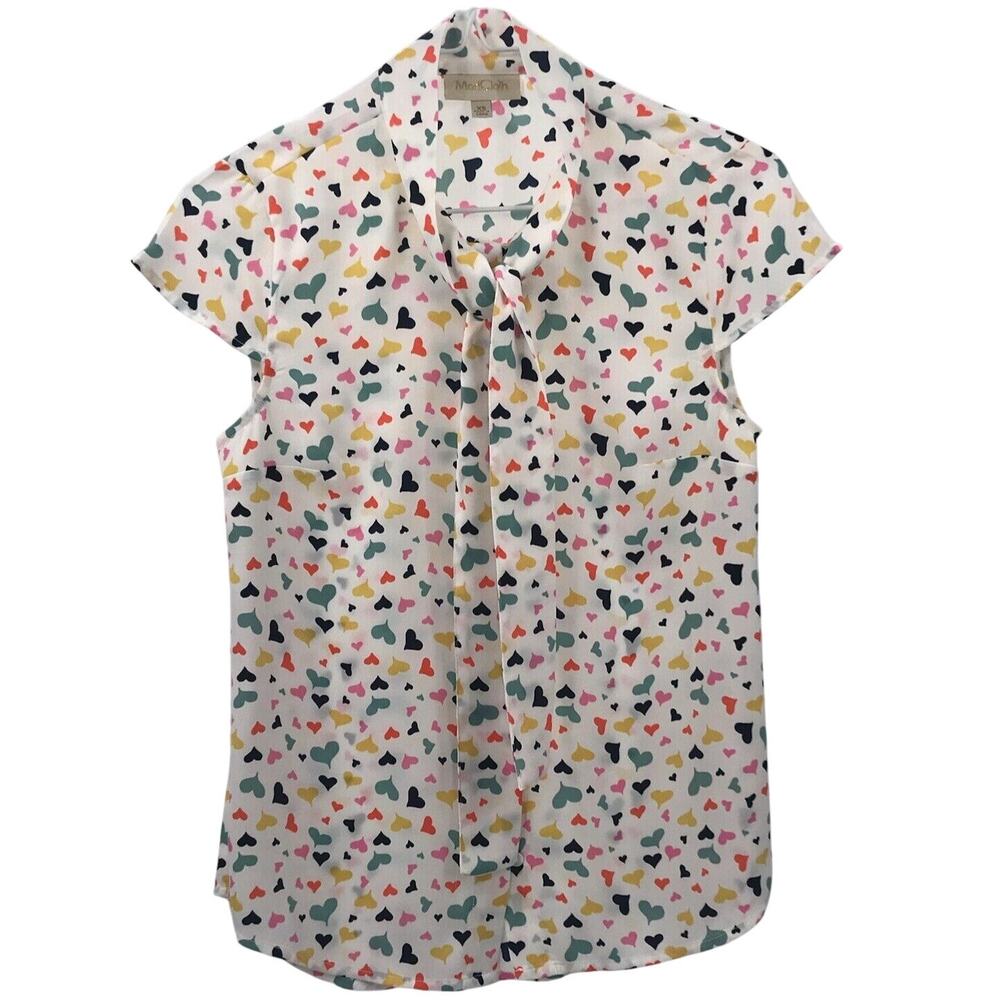 ModCloth White Heart Print Button Down Cap Sleeve Blouse Womens XS